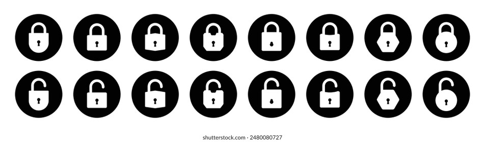 Huge set of lock and unlock icons in black and white color in circle for user interface. Security lock and unlock icons collection. Lock, unlock vector icons.