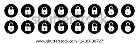 Huge set of lock and unlock icons in black and white color in circle for user interface. Security lock and unlock icons collection. Lock, unlock vector icons.