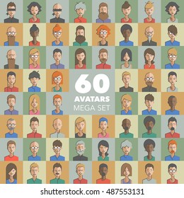 Huge set of male and female character faces avatars. Different faces, colors, hairs, accessories. Flat style with thin line icons. Modern vector illustration.