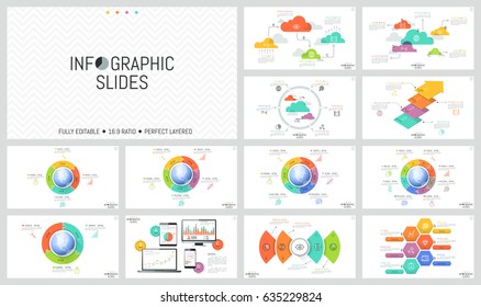 Huge set of minimal infographic design layouts. Round diagrams with jigsaw puzzle pieces placed around globe, charts on screens of devices, flowcharts. Vector illustration for presentation, brochure.