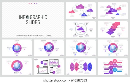 Huge set of minimal infographic design layouts. Round diagrams with jigsaw puzzle pieces placed around globe, charts on screens of devices, flowcharts. Vector illustration for presentation, brochure.