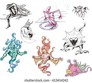 Huge set of miscellaneous monster. Black and white and color vector illustrations.