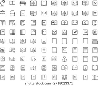 Huge set of outline book publishing education learning and e-commerce vector icons representing literature reading and digital library concepts