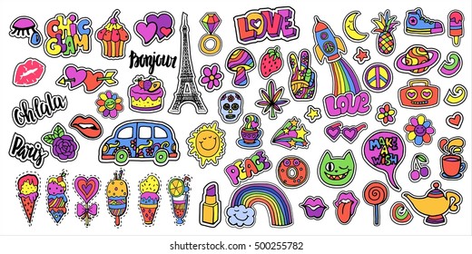 Huge set of patch badges with lips, hearts, Eiffel tower, flower, cake, eye, lipstick, space and hippie theme. Set of doodle stickers, pins, in cartoon 80s-90s comic style. 