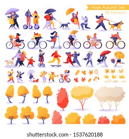 Huge set with people, children, autumn trees, leaves, bushes and other elements of nature. Autumn outdoor. Active people walk, play sports, ride bicycles, walk with dogs and children.