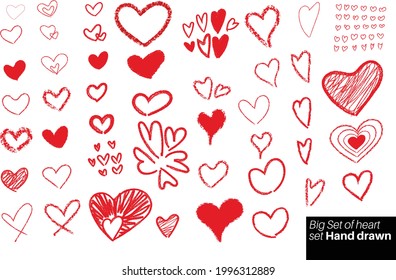  huge set of red hearts crayon elements for cards, cute red hearts in different shapes love symbol