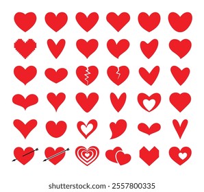 Huge set of red hearts in various shapes and styles vector illustration on white background. Red heart icons set vector. Various simple red vector heart love icon. Heart collection. Vector art