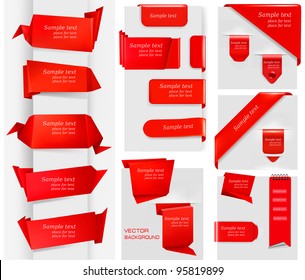 Huge set of red origami paper banners and stickers. Vector illustration.