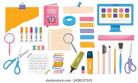 Huge set of ripped paper note, strip, sticker, tape. Notebook page scraps. School stationery elements. Scissors, pen, pencil, marker, ruler and other school supplies. Vector scrapbooking set.