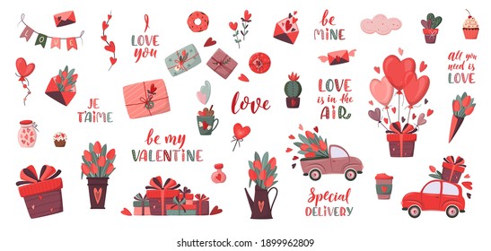 Huge set of romantic elements. Valentine's day, birthday or wedding concept. Love, Romantic vector illustration in flat cartoon style. For card, flyer, banner, invitation, gift certificate