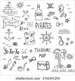 Enormes conjuntos de piratas marítimos incluyen ovejas, loro, sable, ancla, volante, vidrio espía, tiburón, patria, bomba, tubería y mapa del tesoro.emblemas de los piratas. Ilustración dibujada a mano al estilo Doodle. Vector.