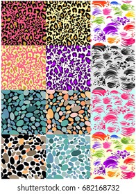 Huge set seamless backgrounds with strokes, animal print, abstract pattern and pebbles for fabric, textile, wrapping paper, wallpaper, web design