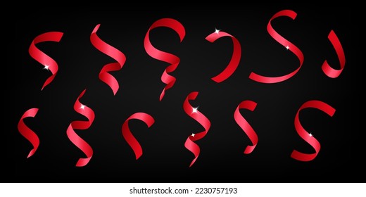 Huge set of shiny twisted red ribbon element design 3d vector. Realistic render Carnival party serpentine decoration for wedding, festive, birthday, banner, greeting card, invitation,  New Year.