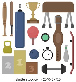 Huge set of sports equipment. Sports. Trainers. Vector illustration