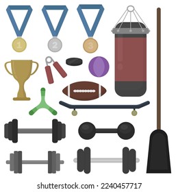 Huge set of sports equipment. Sports. Trainers. Vector illustration