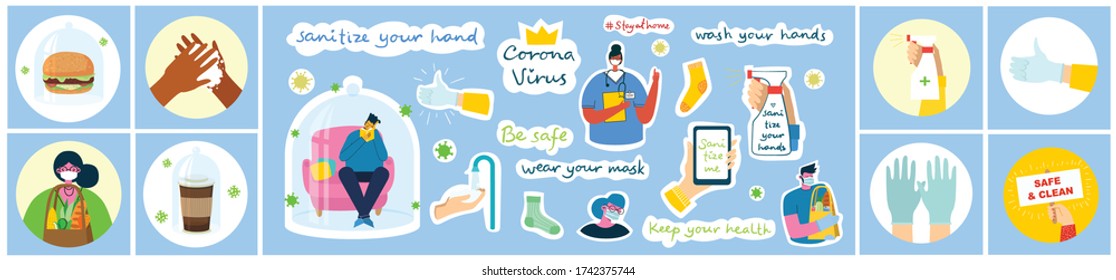 Huge set of sticker vector elements. Wash hands, hygiene, healthcare, spray sanitizer. Protect against coronavirus concept design. Modern vector illustrations in flat style.