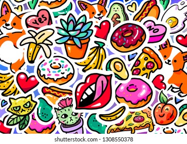 Huge set of stickers, pins, patches in cartoon 80s-90s comic style. Fashion patch badges with lips, hearts, donuts and other elements. Cool Welsh Corgi stickers.