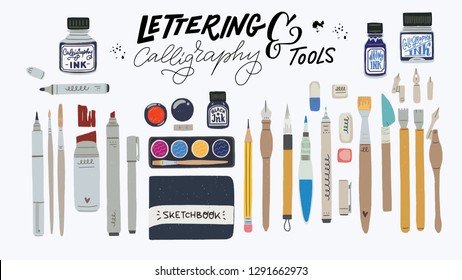 Huge Set Of Tools For Hand Lettering And Calligraphy. Calligraphic Essentials - Palette, Water Brush, Pencil, Eraser, Liner, Brush Pen, Marker, Ink, Nibs, Nib Holder. Flat Style Vector Art Supplies. 