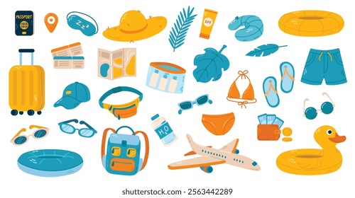 Huge set of travel and tourism items. Vector flat illustration on white background