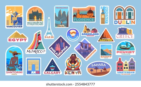 Huge set of travel vector stickers about Canada, USA, France, Italy, UK, Netherlands, Greece, Morocco, Sahara, Egypt, Turkey, Thailand, Kenya, India, Patagonia, Ireland landmarks and famous places.