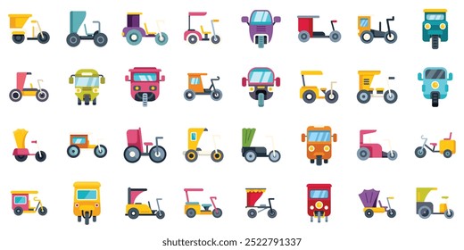 Enorme conjunto de tuk tuk ícones mostrando diferentes tipos de auto riquixás de todo o mundo, ótimo para blogs de viagem e sites