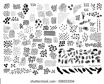 Huge set of universal hand drawn design elements, textures, shapes.  Scribble strips,  spots, stains, circles, dots, blots for design. Made with ink isolated  for cards, textiles, invitation, poster.