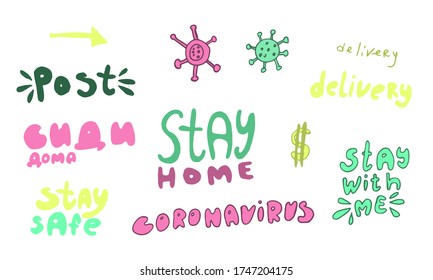 Enorme conjunto de letras e ilustraciones del coronavirus vector. Icono de virus, quédate en casa, seguro, mensajes y frases de entrega, signo de dólar. Colores positivos brillantes. Elementos para banners y afiches covid-19