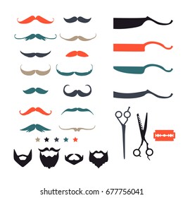 Huge set of vector mustache, beards, scissors, razors. Colorful flat icons. Vector illustration.