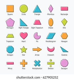 Huge set of vector shapes design: square, circle, triangle, rhombus, rectangle, pentagon, ellipse, kite, trapezium, heart, parallelogram, hexagon, octagon, star, arrow, crescent, scalene, minus, plus
