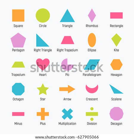 Huge set of vector shapes design: square, circle, triangle, rhombus, rectangle, pentagon, ellipse, kite, trapezium, heart, parallelogram, hexagon, octagon, star, arrow, crescent, scalene, minus, plus