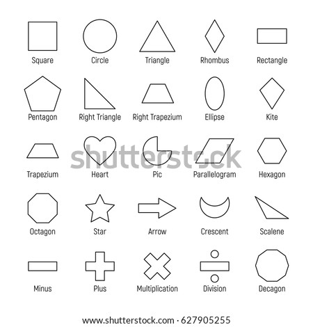 Huge set of vector shapes design: square, circle, triangle, rhombus, rectangle, pentagon, ellipse, kite, trapezium, heart, parallelogram, hexagon, octagon, star, arrow, crescent, scalene, minus, plus