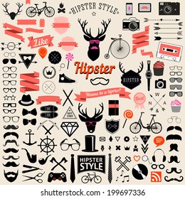 Huge set of vintage styled design hipster icons. Vector signs and symbols templates for your design.The largest set of bicycle, phone, gadgets, sunglasses, mustache, anchor, ribbons and other things.