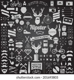 Huge set of vintage styled design Hipster icons. Vector signs and symbols templates bicycle, phone, gadgets, sunglasses, mustache, anchor, ribbons and other things
