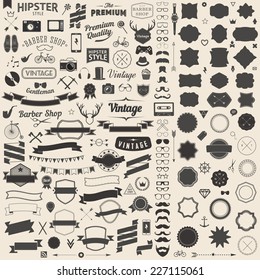 Huge set of Vintage Styled design Hipster Icons Vector Signs and Symbols Templates for Design Largest set of Icons, gadgets, sunglasses, mustache, ribbons infographcs element. Wedding Styling Elements