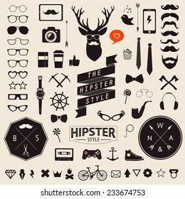 Huge set of vintage styled design hipster icons Vector signs and symbols templates for your design Largest set of phone, gadgets, sunglasses, mustache, ribbons infographcs element and other things. 