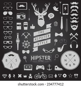 Huge set of vintage styled design hipster icons Vector signs and symbols templates  phone, gadgets, sunglasses, mustache, ribbons infographcs element and other things