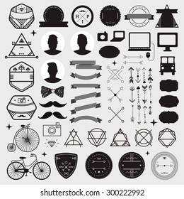 Huge set of vintage styled design hipster icons Vector signs and symbols templates for your design. Set of phone, gadgets, mustache, ribbons infographics element, badges, logos and other things.