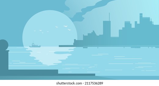 Huge Setting Sun At The Afterglow Of The Hazy Sea. City Silhouette. Background Vector Illustration For Landing Page Mockup Or Flat Design Advertising Banner.