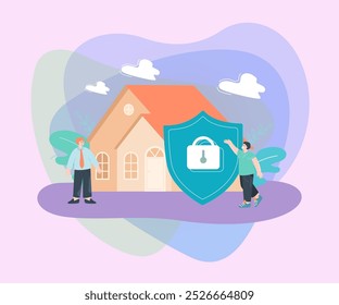 Huge shield protecting house flat vector illustration. Tiny man protecting his property. Safety, protection, insurance, defense concept for banner, website design or landing web page