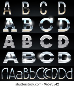 Huge Silver chrome and aluminium vector alphabet set. 4 types. Set # 1