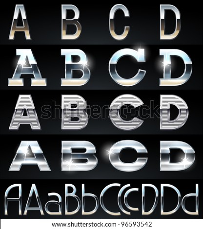 Huge Silver chrome and aluminium vector alphabet set. 4 types. Set # 1