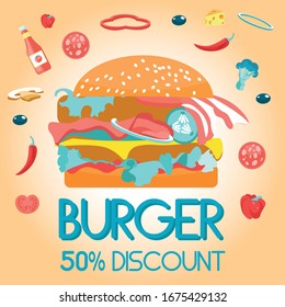 Huge Size Burger with Beef and Cheese, Lattuce and Onion Against Background with Ketchup, Sweet and Hot Pepper, Broccoli, Mushrooms, Olives, and Tomatoes. 50% Discount Flat Vector Banner.