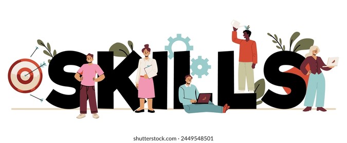 Huge skills text and happy tiny people flat style, vector illustration isolated on white background. Skills development concept, education and target, smiling men and women