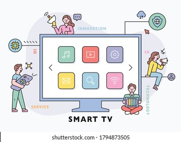 Huge smart TV and people around. flat design style minimal vector illustration.