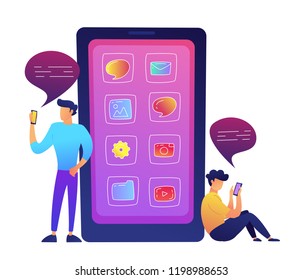 Huge smartphone with apps icons and two users communicating with social media vector illustration. Posting in social media and blogging, reading news and texting Isolated on white background.