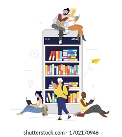 Huge smartphone with bookshelves full of books on screen and people reading books, vector flat illustration. E-book, digital library concept for web banner, website page etc.