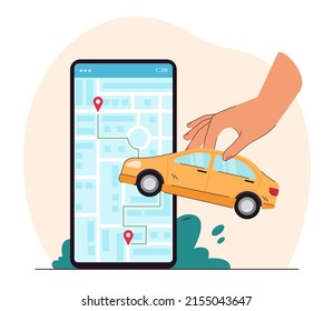 Huge smartphone with city map on screen and big hand holding car. Person using app for making route to destination flat vector illustration. Taxi service, navigation, transportation concept for banner