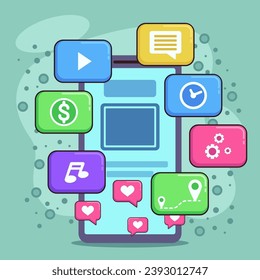 Huge smartphone with icons of different applications. Flat vector illustration. Modern gadget, technology, mobile app concept