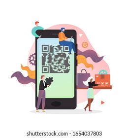 Enorme smartphone con código QR en pantalla y micropersonajes haciendo compras, ilustración vectorial. Compras en línea con código QR, concepto de aplicación de escaneo de código de barras para banner web, página web etc.