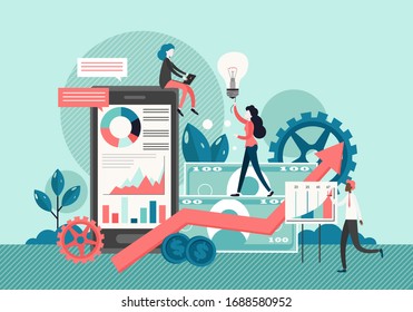 Huge smartphone with statistical dashboard, money, growing graph, business people analysing charts, developing strategy with new ideas, vector flat illustration. Business management, marketing, seo.